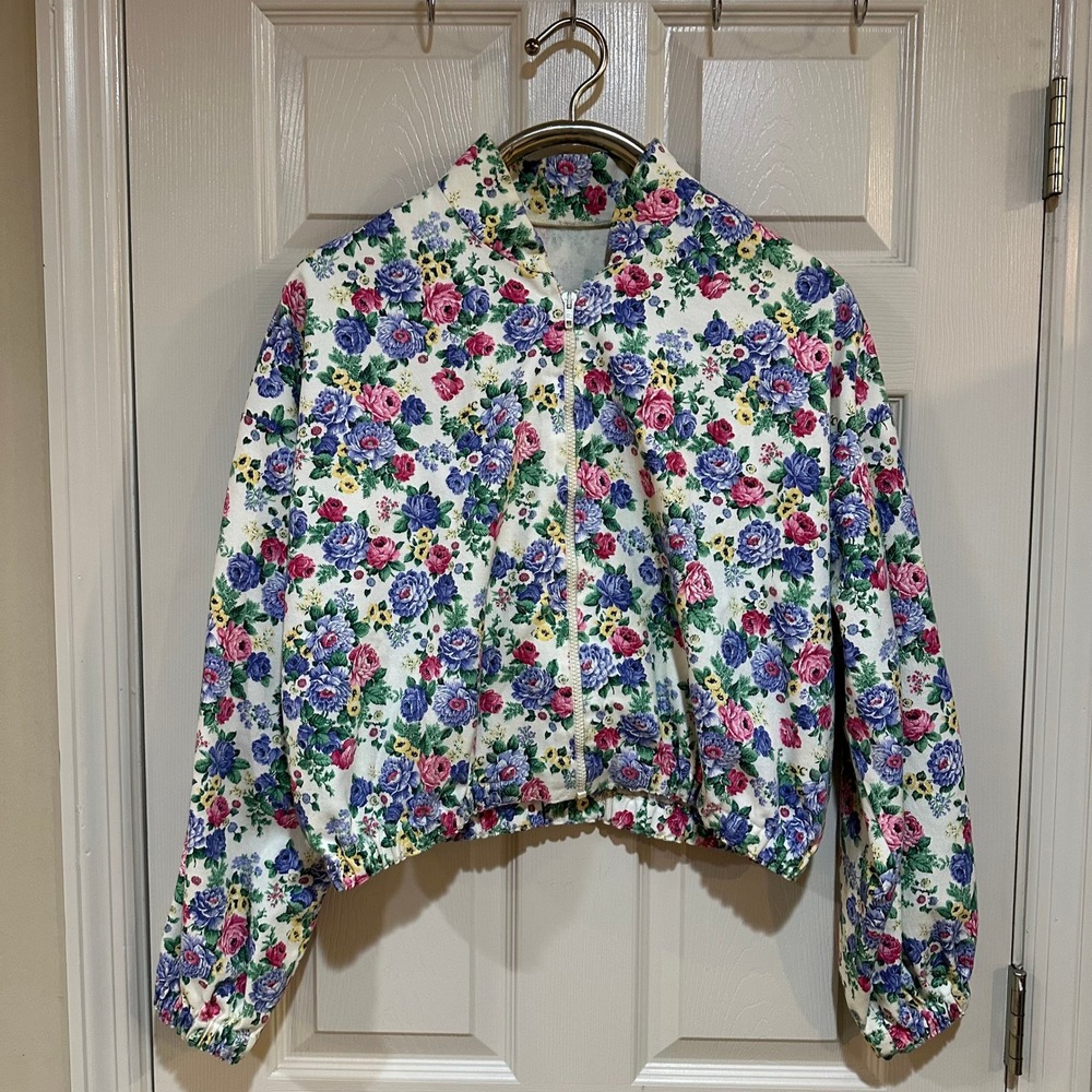 Vintage Floral‎ Bomber Jacket Cropped Zip Up Pink Blue Rose Print Lightweight
